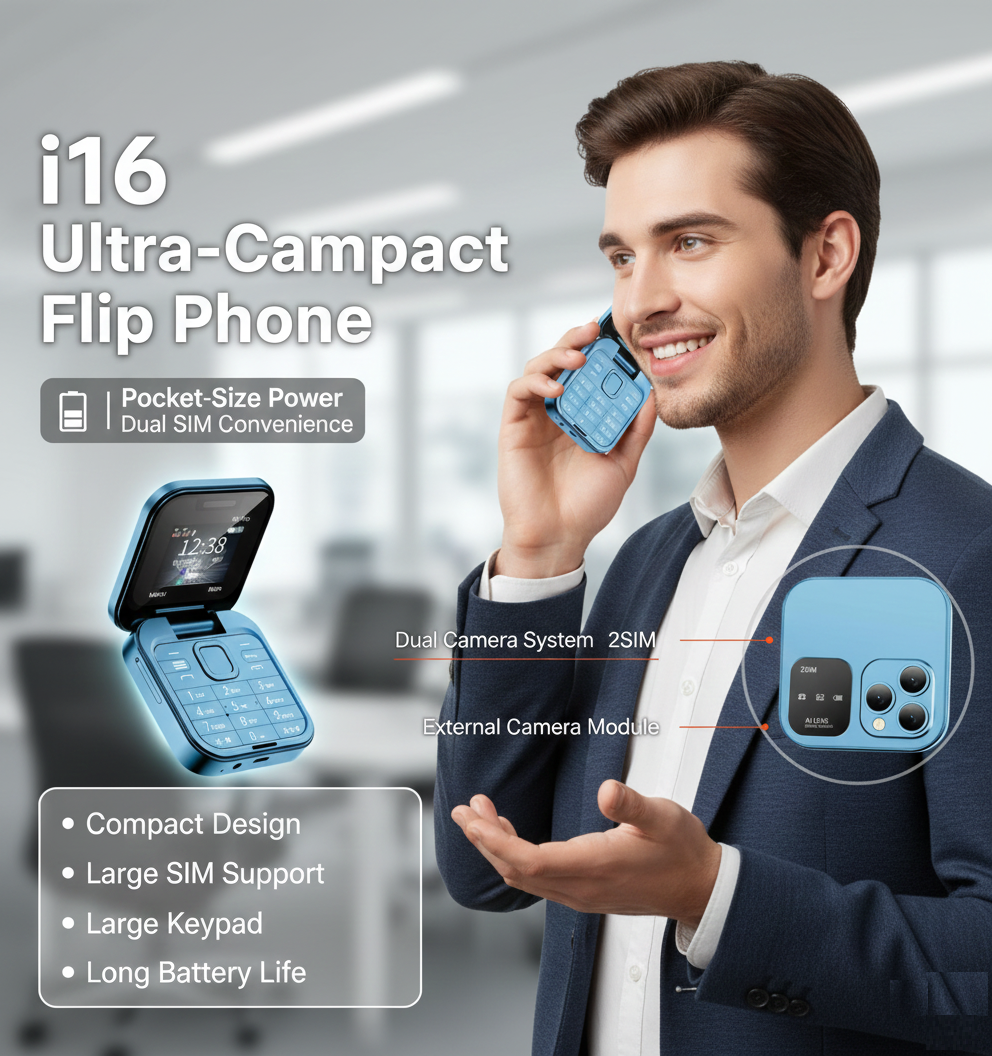 i16 Ultra-Compact Flip Phone — Blue