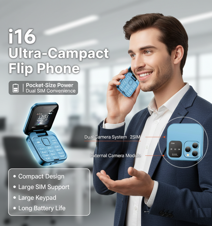 i16 Ultra-Compact Flip Phone — Blue